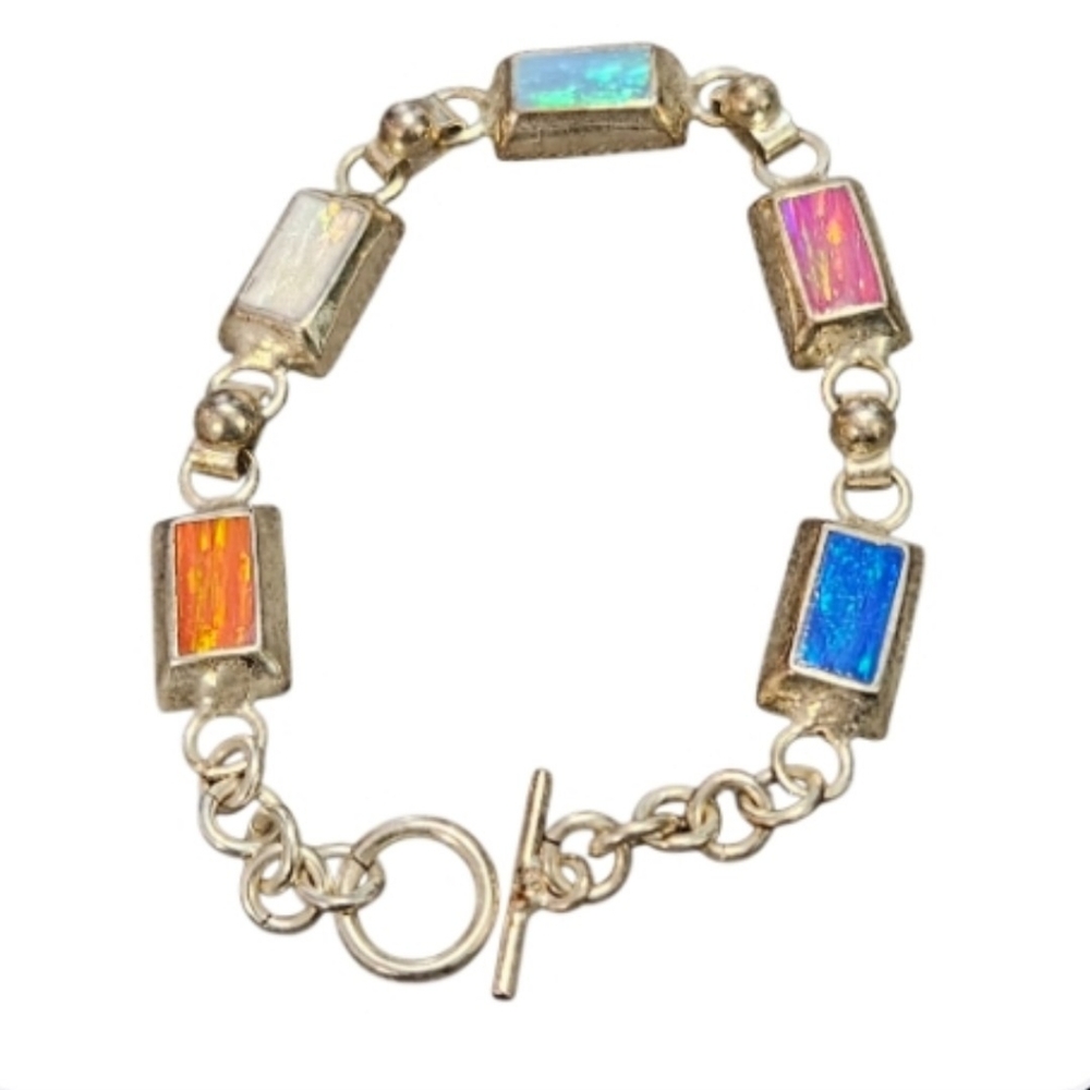 Vintage 925 Opal Link Bracelet - Picture 3 of 9